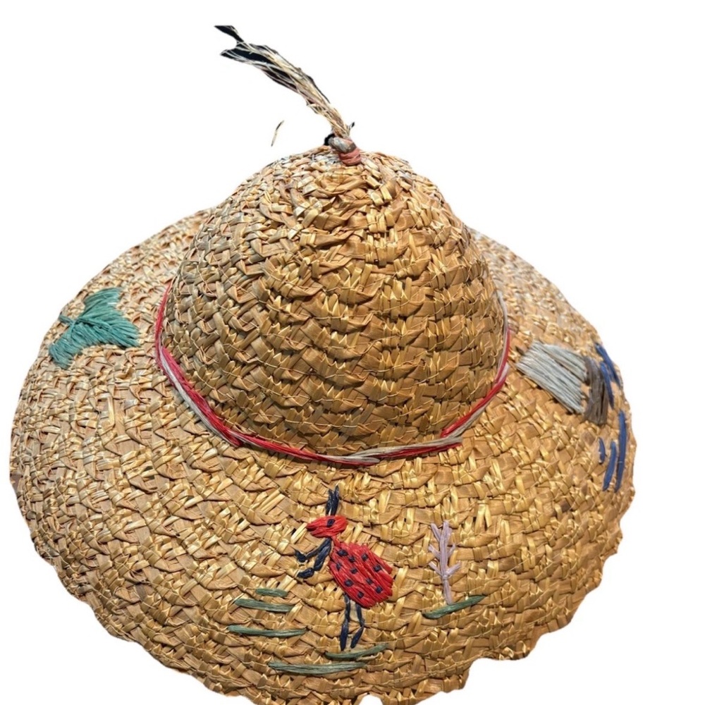 Vintage Gem! Embroidered Straw Hat with Colorful Accents
